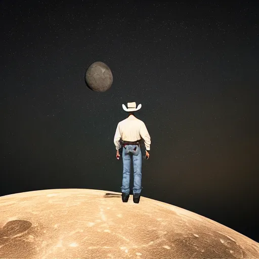 Image similar to cowboy standing on the moon, planet earth background, photorealistic, octane render, blender render, unreal engine, 3 5 mm