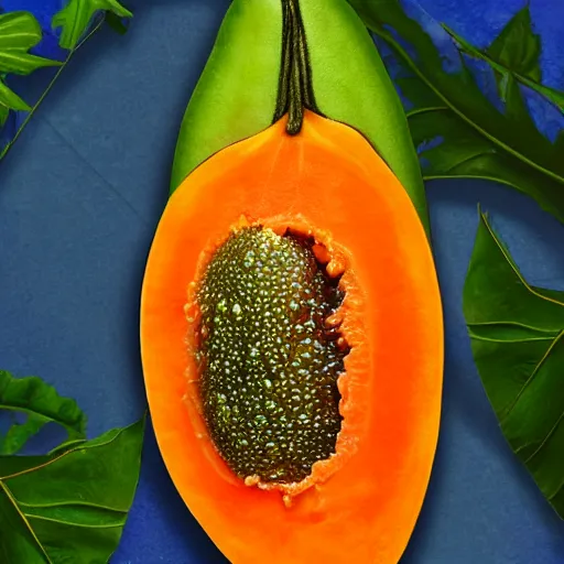 Image similar to a papaya fruit with muscles, dressed as a sailor