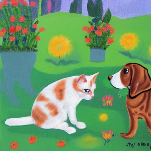 Image similar to a bay play with a cat and a dog in a garden with a mother acrylic paint