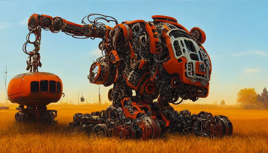 Image similar to an intricate oil painting of a giant scrap metal anime combine harvester humanoid mecha with rounded components by simon stalenhag