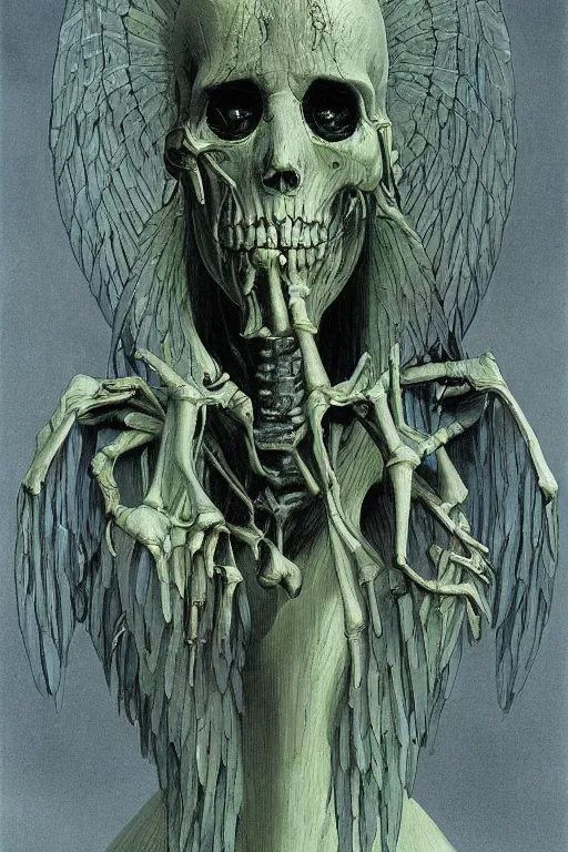 Prompt: creepy portrait of a skeletal zombie female green winged angel by wayne barlowe