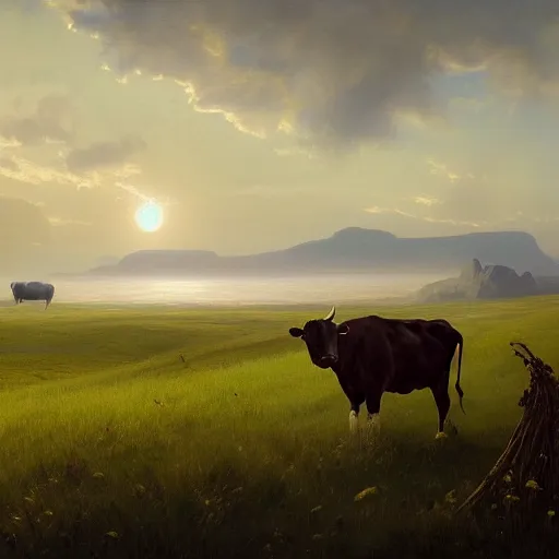 Prompt: a detailed matte landscape painting of a starry cow standing in a grassy field wearing a witch hat, cow wearing hat!!! viewed in profile and far away, fog in the background, ultrawide lens, aerial photography, black and blue color scheme with gold highlights, art by greg rutkowski and and rembrandt and alphonse mucha, artstation, 8 k