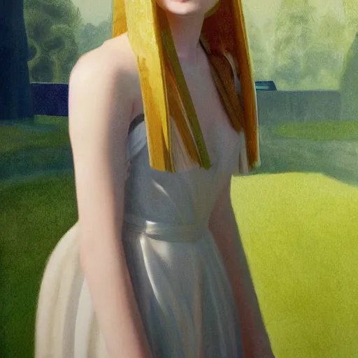 Image similar to Elle Fanning, head and shoulders masterpiece, in Halo 2, in a garden, artstation, in the style of Art Deco and Edward Hopper and Bosch, extremely detailed