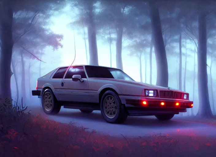 Prompt: detailed intricate digital illustration by greg rutkowski and artgerm and wlop and sanford robinson gifford ; 1 9 8 8 vehicle, glowing headlights, foggy forest in background ; 1 3 mm film, wide angle arri alfa anamorphic lens ; sharp focus, soft evening lighting, trending on artstation 4 k