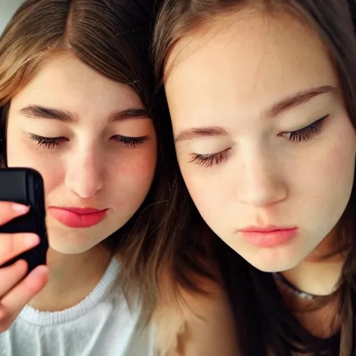Prompt: two girls taking a selfie. hyper detailed, photorealistic, photography, pretty, cute. trending on instagram