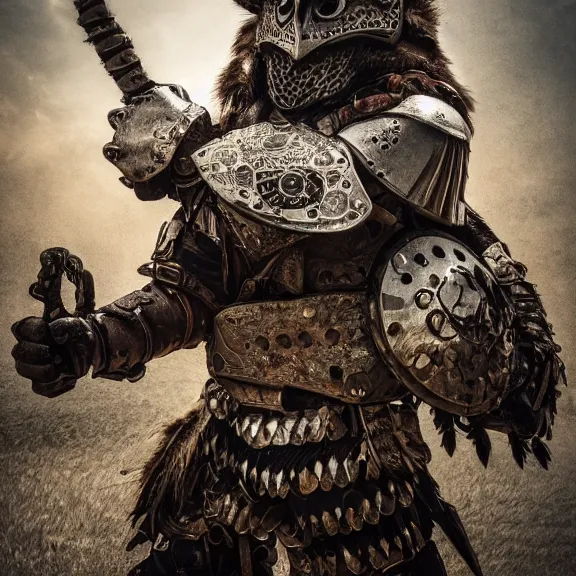 Prompt: photo of a warrior with metal owl theme armour, 4 k, hdr, smooth, sharp focus, high resolution, award - winning photo