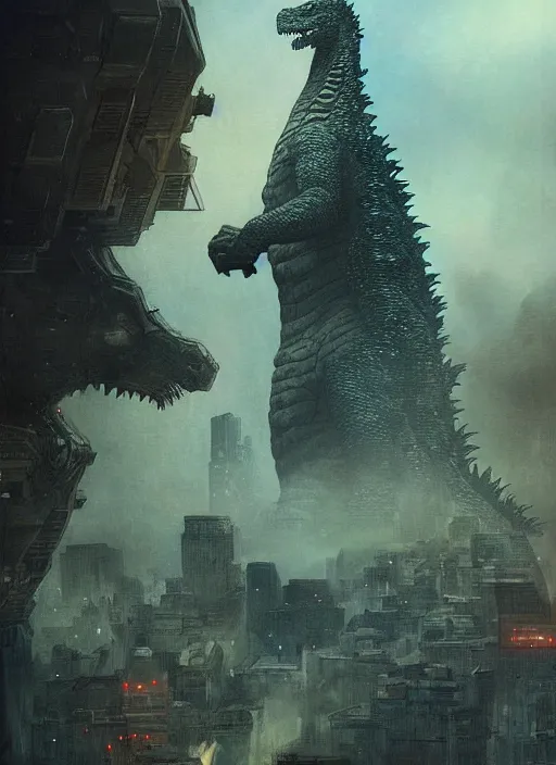 Image similar to Godzilla approaching a city, highly detailed, digital painting, artstation, concept art, sharp focus, illustration, art by greg rutkowski and alphonse mucha