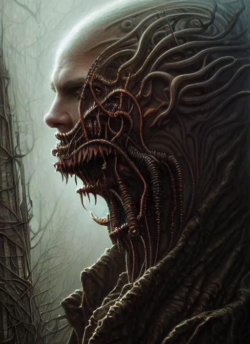 Image similar to portrait shot of a male vampire, a scenic dystopian environment, lovecraftian, intricate, elegant, highly detailed, centered, digital painting, artstation, concept art, smooth, sharp focus, illustration, artgerm, tomasz alen kopera, peter mohrbacher, donato giancola, joseph christian leyendecker, wlop, boris vallejo