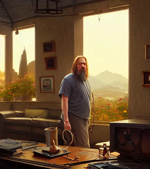 Image similar to highly detailed portrait of the dude from the big lebowski in gta v, stephen bliss, unreal engine, fantasy art by greg rutkowski, loish, rhads, ferdinand knab, makoto shinkai and lois van baarle, ilya kuvshinov, rossdraws, tom bagshaw, global illumination, radiant light, detailed and intricate environment