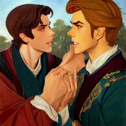 Prompt: attractive fully clothed king confesses his love for his attractive fully clothed male prince. highly detailed painting by glen keane and j. c. leyendecker 8 k