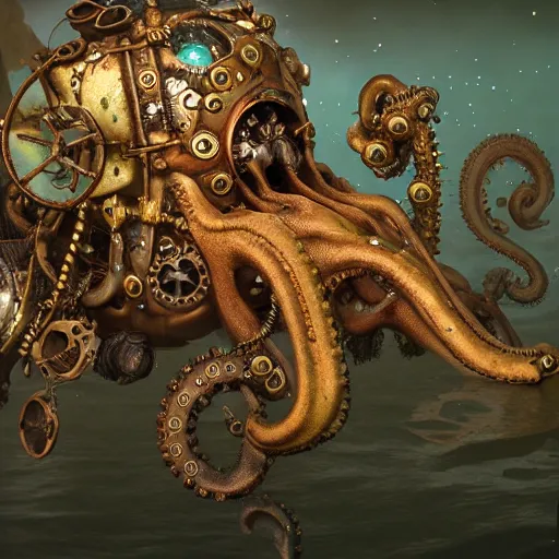 Prompt: underwater steampunk pirate octopus, hyper detailed, digital art, trending in artstation, cinematic lighting, studio quality, smooth render, unreal engine 5 rendered, octane rendered, art style by klimt and nixeu and ian sprigger and wlop and krenz cushart.