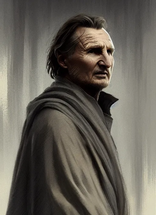 Prompt: old Liam Neeson, short beard! long hair! robes! modern, highly detailed, digital painting, artstation, concept art, sharp focus, illustration, by greg rutkowski