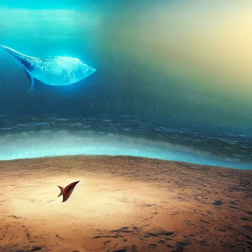 Image similar to vanishing perspective view of an alien fish swimming on the ocean bed, deep blue ocean color, some plant life, alien landscape, cinematic perspective, cinematic lighting, matte painting, detailed, sci - fi