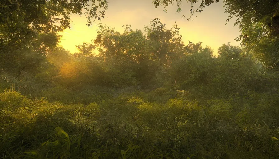 Prompt: abandoned greenbelt park, covered by vegetation, sunrise, hyperdetailed, artstation, cgsociety, 8 k