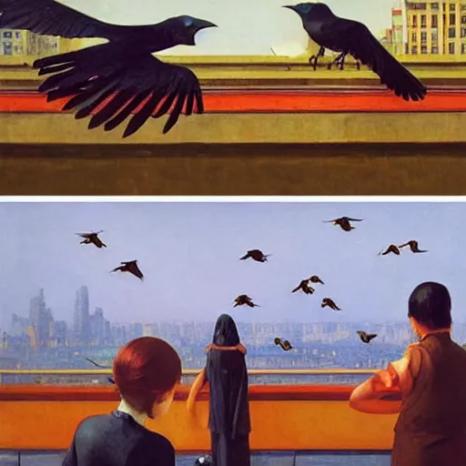 Prompt: a battle of crows in mumbai, hyperrealistic film still by edward hopper, by gottfried helnwein, by klimt, by paolo uccello, art nouveau, highly detailed, strong lights, liminal, eerie, metaphysical, bright pastel colors