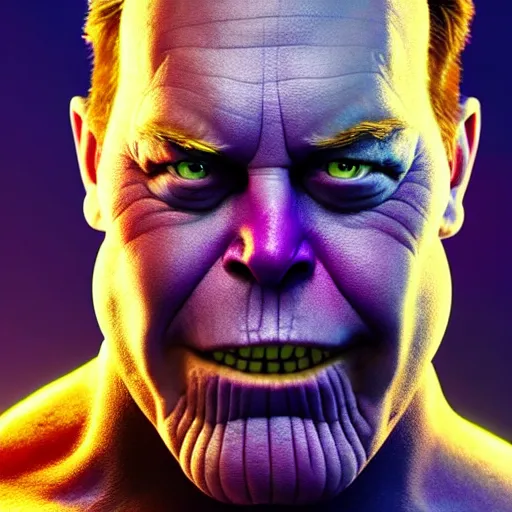 Image similar to a portrait of angry elon musk as thanos, the pixar adaptation, with same hairstyle, hyper detailed, digital art, trending in artstation, cinematic lighting, studio quality, smooth render, unreal engine 5 rendered, octane rendered