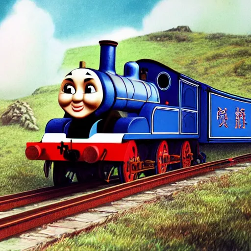 Prompt: hyper detailed photo realistic chinese thomas the tank engine going fast