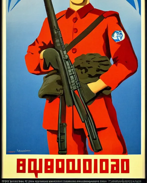 Image similar to soviet propaganda poster of an australian shepherd soldier, soviet art