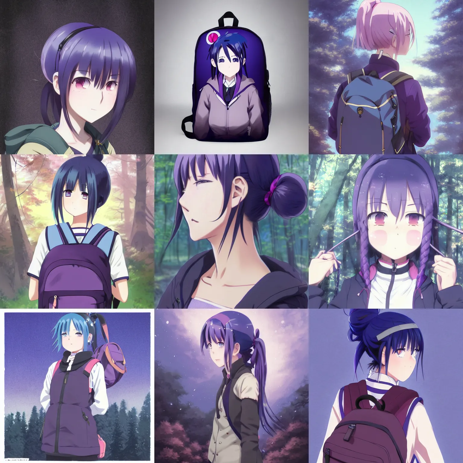 Prompt: anime shima rin shimarin yuru camp dark - blue hair bun tied in a high bun purple violet eyes portrait by greg rutkowski forest background backpack