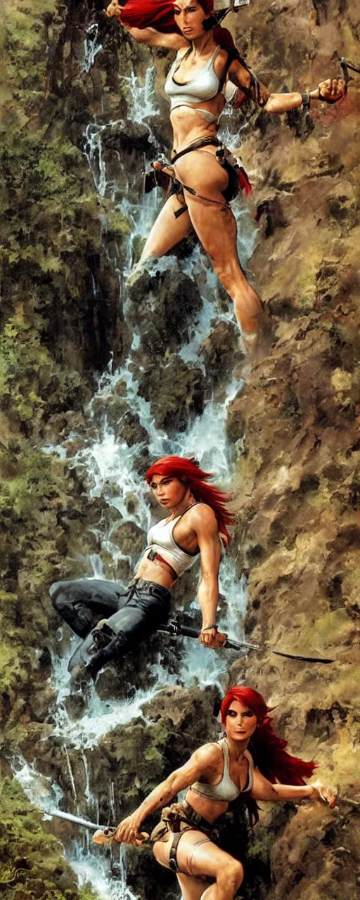 Image similar to tomb raider with red hair in front of a waterfall by frank frazetta and boris vallejo