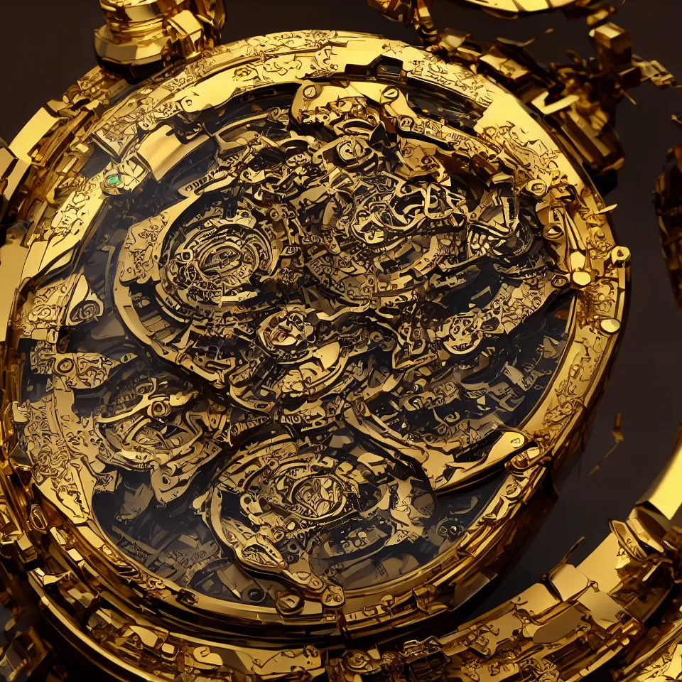 Prompt: Highly detailed digital art of a steampunk watch made of gold and nebula, ArtStation, Unreal Engine, 4K