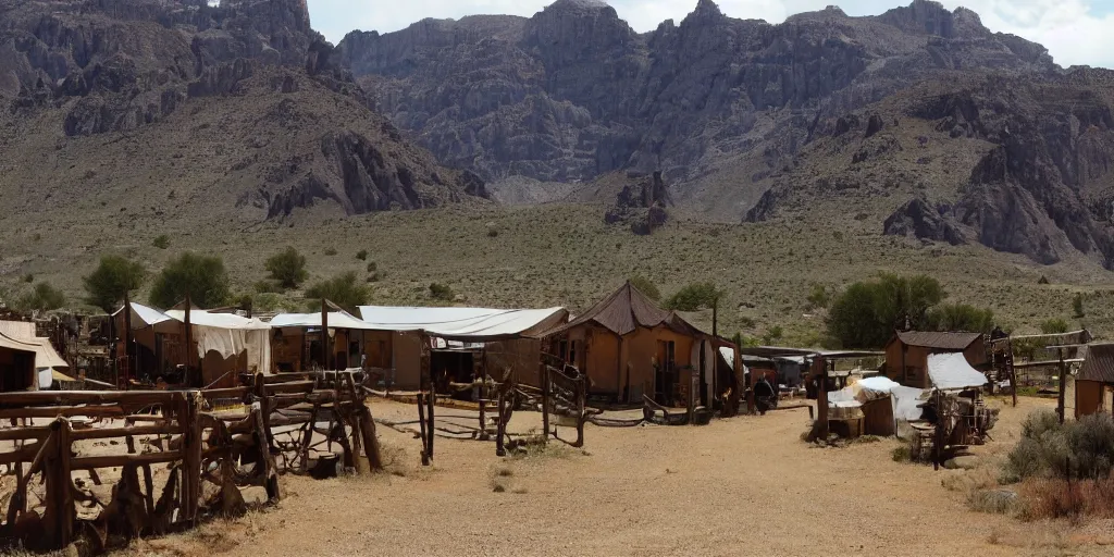 Prompt: a wild west scenery, camps in the background