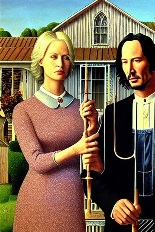 Prompt: painting of Keanu Reeves and Dolly Parton as the couple in American Gothic in the style of Grant Wood