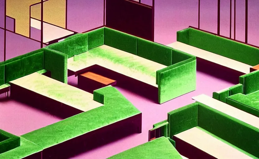 Image similar to huge sprawling gargantuan angular dimension of infinite indoor landscape 7 0 s green velvet and wood with metal office furniture. surrealism, mallsoft, vaporwave. muted colours, 7 0 s office furniture catalogue, shot from above, endless, neverending epic scale by escher and ricardo bofill