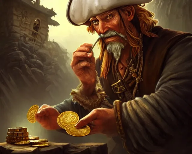 Image similar to old pirate looking carefully at a gold coin, deep focus, d & d, fantasy, intricate, elegant, highly detailed, digital painting, artstation, concept art, matte, sharp focus, illustration, hearthstone, art by artgerm and greg rutkowski and alphonse mucha