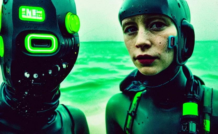 Image similar to cinestill 5 0 d candid photographic portrait by helen levitt of two cyborgs wearing rugged neon green mesh techwear in treacherous waters, extreme closeup, modern cyberpunk moody depressing cinematic, pouring rain, vaporwave, dystopian atmosphere, 8 k, hd, high resolution, 3 5 mm, f / 3 2, ultra realistic faces, ex machina