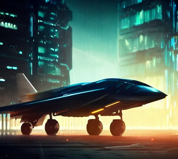 Image similar to futuristic sci fi jet lands at runway of cyberpunk city, night photo ,dark cinematic lighting , digital concept art, bladerunner 2049