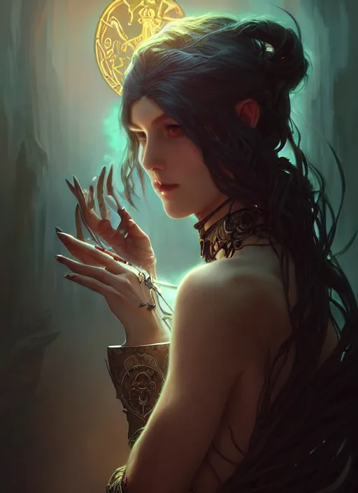 Image similar to Necromancer Sorceress, fantasy magic, undercut hairstyle, dark light night, intricate, elegant, sharp focus, illustration, highly detailed, digital painting, concept art, matte, art by WLOP and Artgerm and Greg Rutkowski and Alphonse Mucha, masterpiece