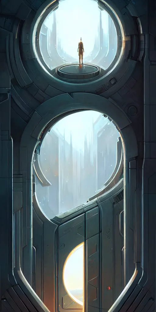 Image similar to hyper realistic art - deco sci - fi double door by jordan grimmer, darek zabrocki