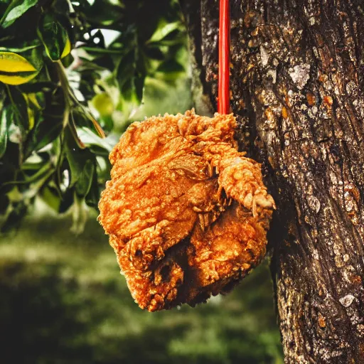 Image similar to Fried chicken nailed to a tree, high definition photography, professional