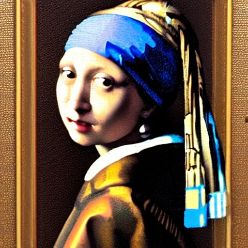 Prompt: the girl with the pearl earring with the face of mona lisa in the style of vermeer, desaturated, minimalistic, soft skin tones