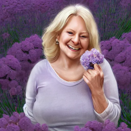 Image similar to 6 0 year old mildly overweight american blonde woman, welcoming grin, wearing black, both arms completely filled with lavender hydrangeas, small white dog at her side, portrait, headshot, in the style of alexis franklin, thomas river, ross tran, wlop, artgerm, detailed, high quality