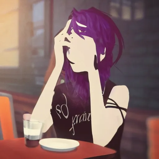 Image similar to death from the'the sandman'waiting for a friend at a cafe, realistic, soft lighting, cute, kindness