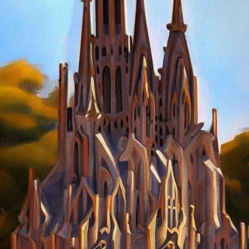 Prompt: a landscape painting of a church by Antoni Gaudí, trending on artstation