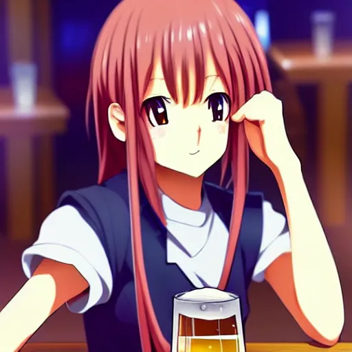 Image similar to Wholesome and masculine looking anime girl at a bar drinking a beer, warm glow from the lights, angle that looks up at her from below, deviantart, pixiv, detailed face, smug appearance, beautiful anime, detailed anime eyes with pupils, in the style of 90s anime, heavy focus on 90s and early 2000s style of anime, Sailor Moon style