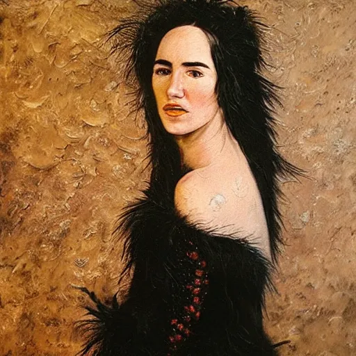 Prompt: detailed realistic oil painting youthful young jennifer connelly with black feathers instead of hair, dark fae, black lips, feathers growing out of skin, feathers growing from arms, black hands with long black claws, pale and sickly, profile view, renaissance, rembrandt, oil painting, very highly detailed