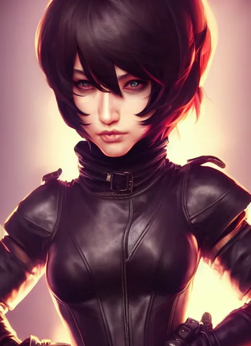 Image similar to rogue, leather bandit outfit!!! beautiful and athletic short hair female!! gorgeous face and eyes!! character concept art, sharp focus, octane render! unreal engine 5! highly rendered!! trending on artstation!! detailed linework!! illustration by artgerm, wlop, and chie yoshii