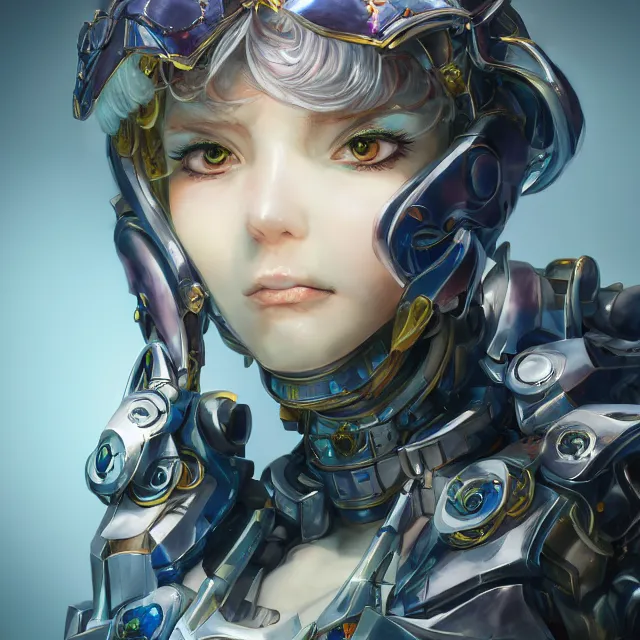 Image similar to studio portrait of lawful good colorful female holy mecha paladin absurdly beautiful, elegant, young sensual anime girl, ultrafine hyperrealistic detailed face illustration by kim jung gi, irakli nadar, intricate linework, sharp focus, bright colors, matte, octopath traveler, final fantasy, unreal engine highly rendered, global illumination, radiant light, intricate environment