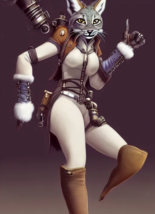 Image similar to wide angle beautiful full body portrait of a strong female anthropomorphic anthro lynx fursona wearing a steampunk leather. from behind, character design by disney, anime, manga, charlie bowater, ross tran, artgerm, and makoto shinkai, detailed, soft lighting, rendered in octane, white fur, white face, lynx facial features