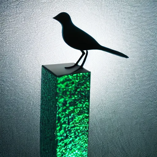 Image similar to a real life bird made out of crystal andextremely reflective metal, background is a green forest, studio lighting, award winning photo