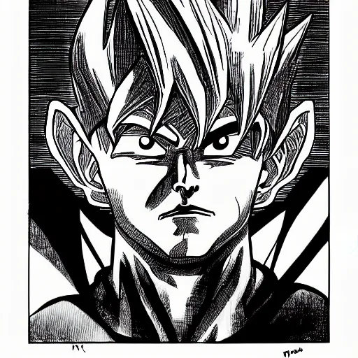 Prompt: franklin booth illustration of elon musk from dragon ball z