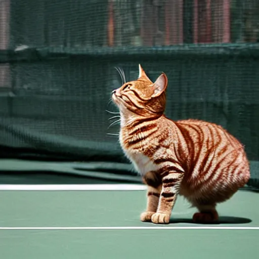 Image similar to Garfield cat playing tennis against a refrigerator