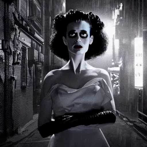 Image similar to noir cinematic portrait of bride of frankenstein as a replicant in a busy street at night, sleepy, frightened and angry, still from the movie ex machina, a neon sign is in the background