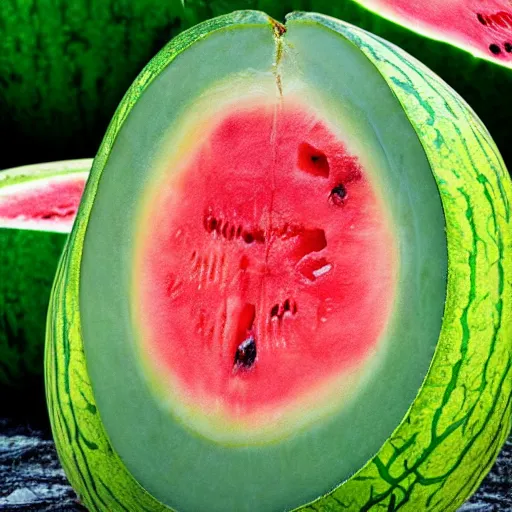 Prompt: Killer Melon, man fruit hybrid, colorful, photograph, detailed, sharp focus