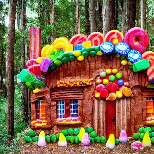 Prompt: a house made of candy in a beautiful forest