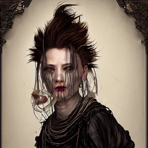 Image similar to portrait of a Shibari rope wrapped face and neck, headshot, insanely nice professional hair style, dramatic hair color, digital painting, of a old 15th century, old cyborg merchant, amber jewels, baroque, ornate clothing, scifi, realistic, hyperdetailed, chiaroscuro, concept art, art by Franz Hals and Jon Foster and Ayami Kojima and Amano and Karol Bak,